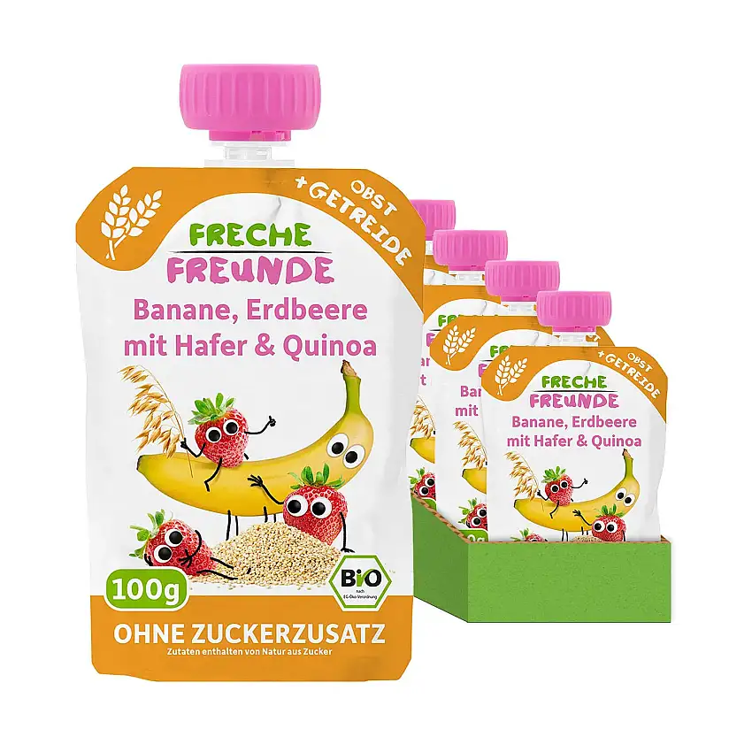 FRECHE FREUNDE Bio Quetschie Banane, Erdbeere mit Hafer & Quinoa, Fruchtmus mit Getreide im Quetschbeutel für Babys ab dem 6. Monat, vegan, 12er Pack (12 x 100g)