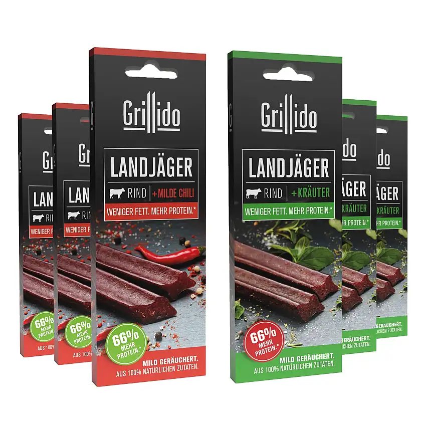Grillido Landjäger I 6x 2er Mixpack I Chili & Kräuter I Die Beef-Jerky Alternative mit wenig Zucker | mit 37% Eiweiß und nur 11% Fett pro Landjäger