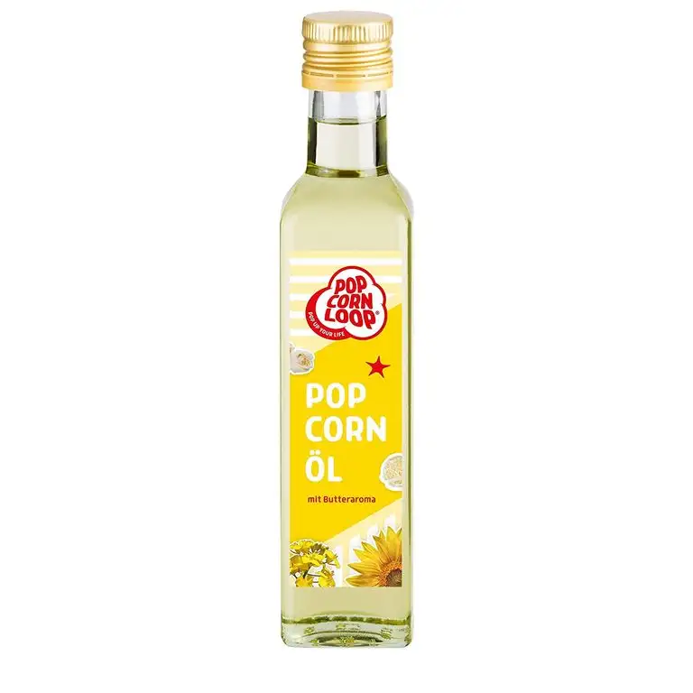 Popcorn Öl für Mais 250 ml Hocherhitzbar Butter High Oleic Fett mit Butteraroma Buttergeschmack Oil Omega Hocherhitzbares Bratöl Popcornmaschine Zucker Salz Rapsöl Sonnenblumenöl