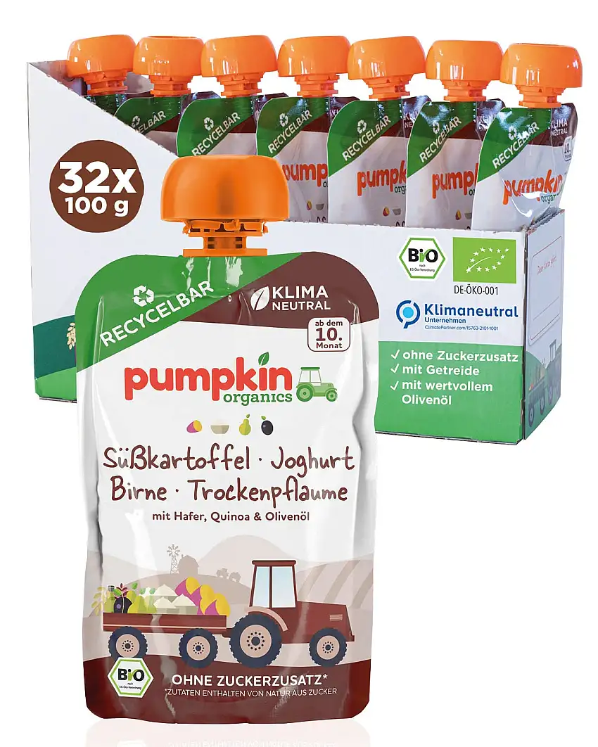 Bio Quetschie Süßkartoffel, Joghurt, Birne, Trockenpflaume, Hafer, Quinoa, Olivenöl - Gemüsepüree, Fruchtmus und Getreide für Babys ab dem 10. Monat. Recycelbarer Quetschbeutel, 32er Pack (32x100g)