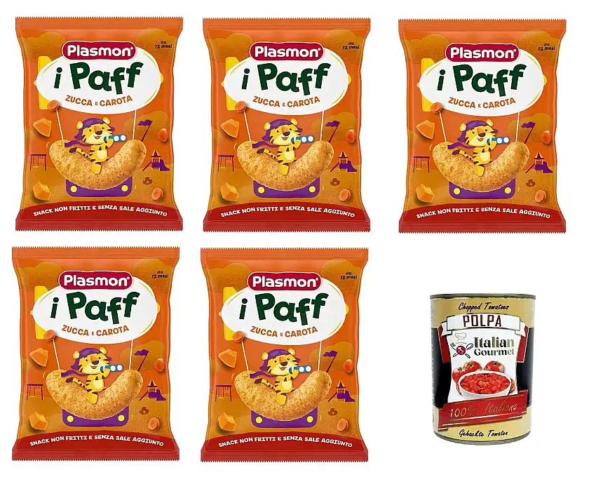 Plasmon Snack i Paff Kürbis und Karotten 15gr 5 Packungen Snacks, nicht frittiert und ohne Salzzusatz, perfekt für die kleinen Hände Ihres Kindes + Italian Gourmet polpa 400g
