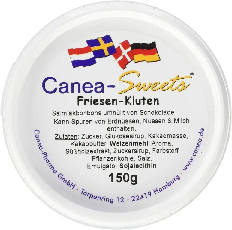 Canea-Sweets Hartkaramellen mit Lakritzgeschmack, Salmiaksalz und Überzug aus Zartbitterschokolade, FRIESEN-Kluten Dose, 150 g