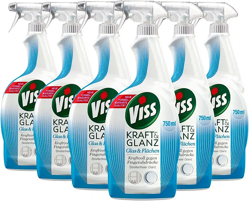 Viss Kraft & Glanz Reinigungsspray Glas & Flächen für perfekten Glanz wasserabweisende Technologie, 6er Pack 6 x 750 ml