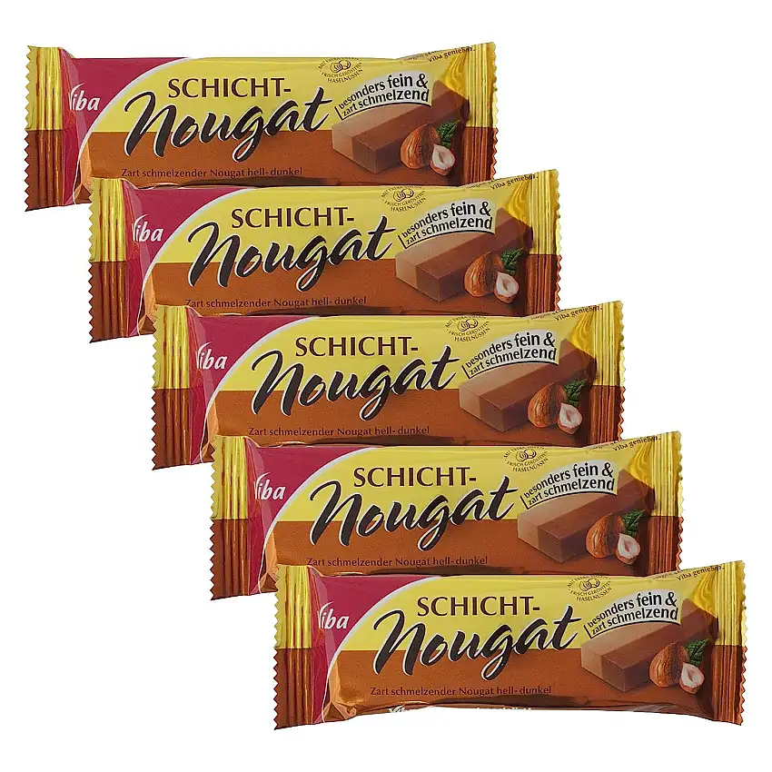 5er Pack Viba Schicht-Nougat (5 x 40 g) Nougat hell-dunkel fein & zartschmelzend Nougatriegel