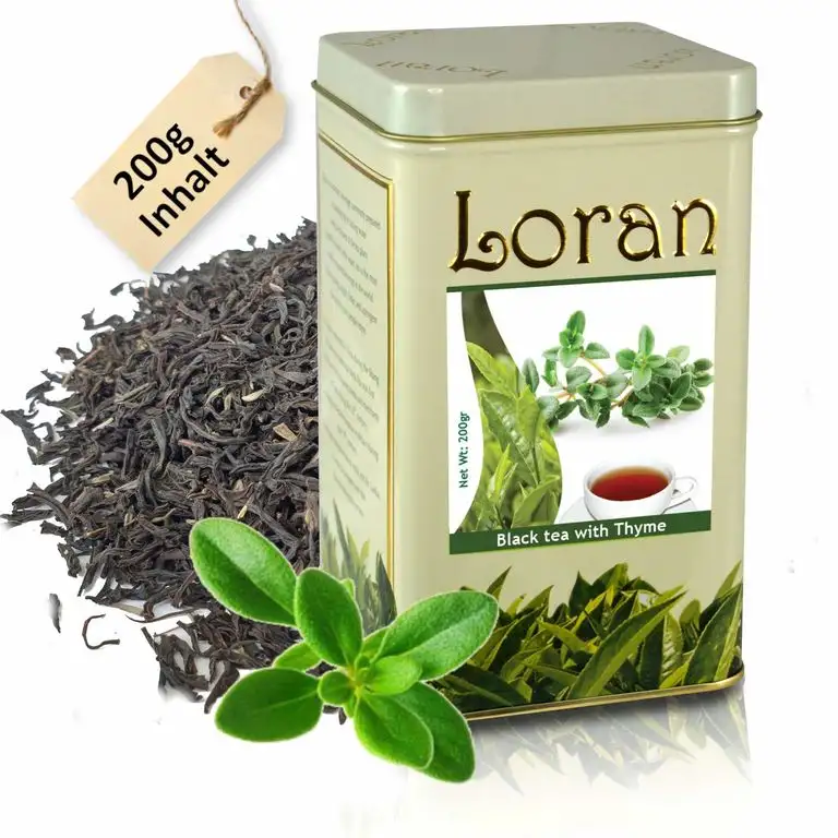 LORAN - Schwarzer Tee mit Thymian 200g, Thymiantee, Premium Qualität, Ceylon Tee schwarz aus Sri Lanka, tee lose in Tee Dose mit verschließbaren Beutel, frisch, Geschenk für Frauen und Männer