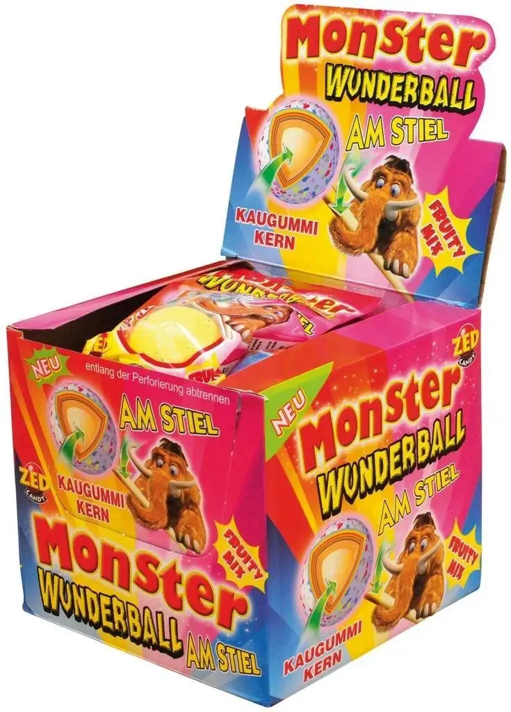 DOK Monster Wunderball Fruity am Stiel, 5 cm Durchmesser, XXL Lollie in mehreren Schichten und Kaugummi Kern, 15 Packungen im Tray, 1er Pack (1 x 1200 g)