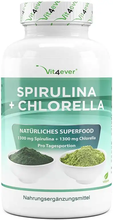Vit4ever® Spirulina Chlorella Algen Kapseln - 240 Stück mit jeweils 650 mg - Hochdosiert mit 2600 mg je Tagesdosis - Laborgeprüfte Qualität - Premium Superfood - Vegan