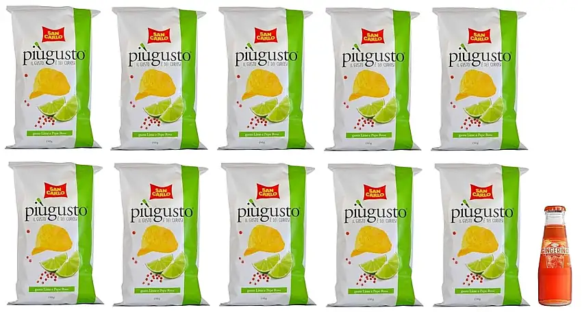 10er-Pack San Carlo Più Gusto Lime e Pepe Rosa Patatine,Limette und Rosa Pfeffer,Kartoffelchips Chips,150g Beutel + 1x Kostenlos Gingerino Recoaro Aperitivo Italiano 10cl