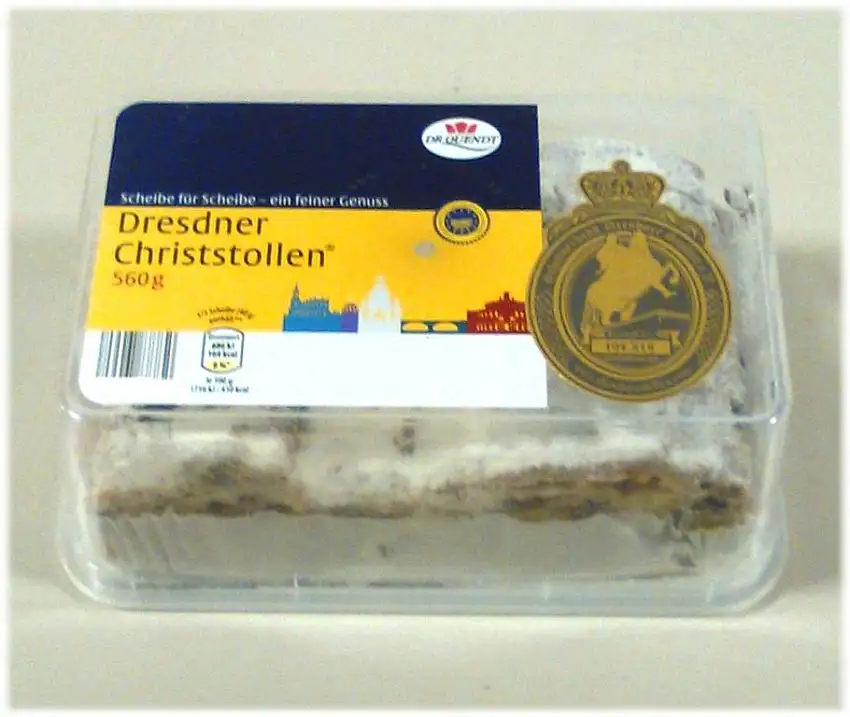 Dresdner Christstollen von Dr.Quendt in Scheiben - 560 Gramm (560g) - in Dose aus Plastik (wiederverwendbar)