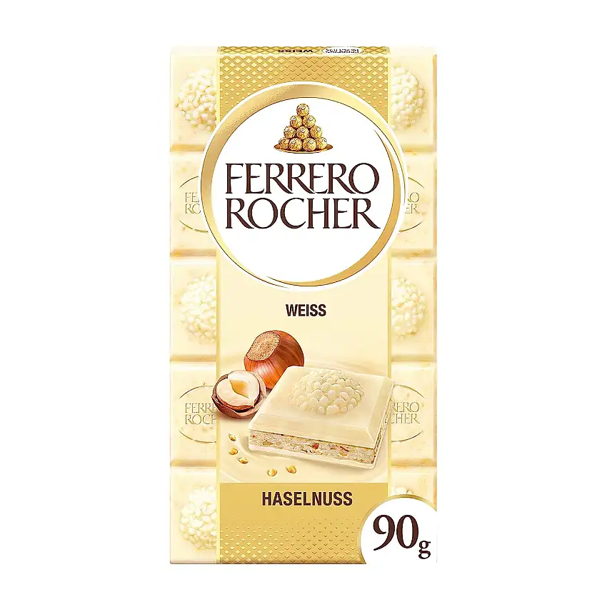 Ferrero Rocher Tafel Weiß – Gefüllte weiße Schokolade mit Haselnusscreme und Haselnuss-Stückchen, 90 g