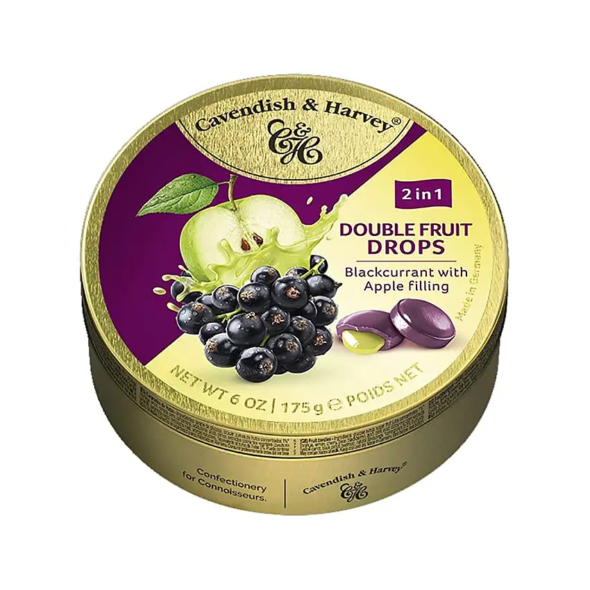 Cavendish & Harvey Double Fruit Drops Blackcurrant with Apple Filling: Johannisbeer-Bonbons mit flüssiger Apfelfüllung (1 x 175g)