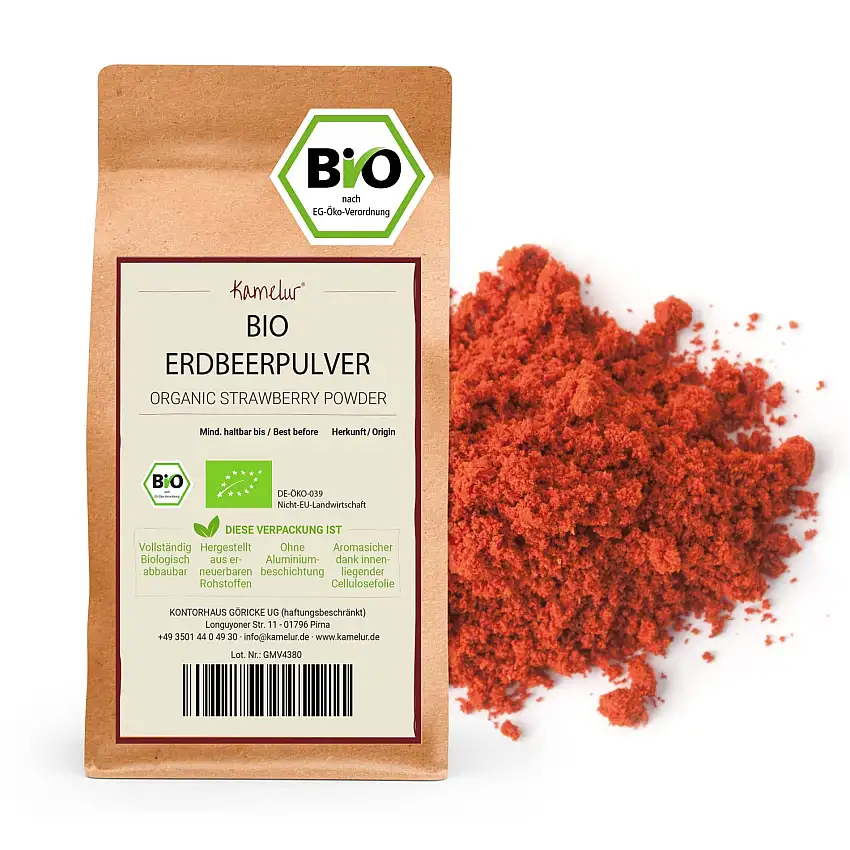 Kamelur Bio Erdbeerpulver gefriergetrocknet - 250g - Gemahlene Erdbeeren gefriergetrocknet Bio in biologisch abbaubarer Verpackung