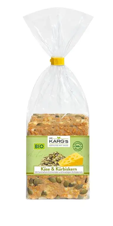 Dr. Karg BIO Käse-Kürbiskern Feinschmecker-Knäckebrot, 5er Pack (5 x 200 g Beutel) - Bio