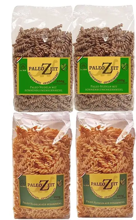 4x 250g PALEO Nudeln LOW CARB Pasta GLUTENFREI Gourmet Delicatesse 4x 250g (2x Sesammehl -2x Sonnenblumenmehl)