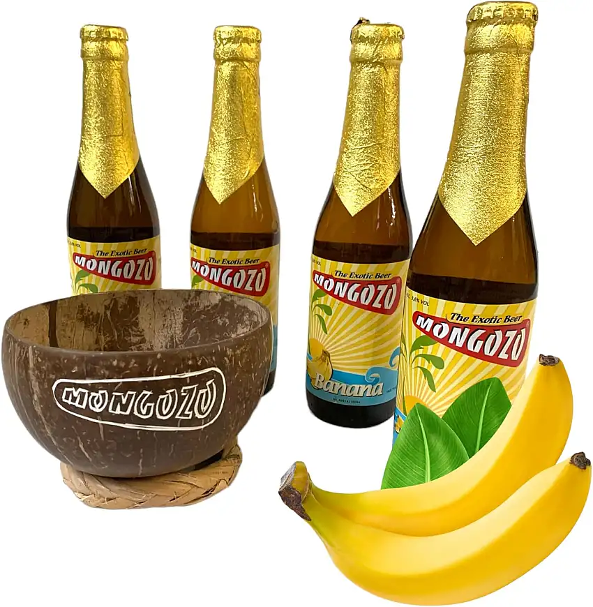 4 Flaschen Mongozo Banane Bier inkl. Mongozo Trinkbecher aus einer Kokosnuss