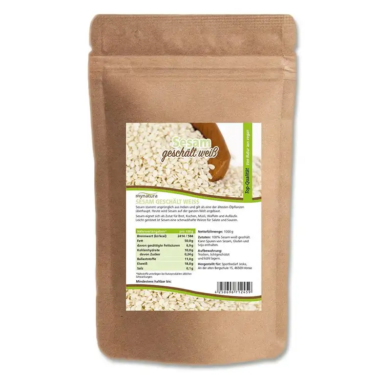 Mynatura Sesam geschält weiß 1000g I Premium Qualität I Ohne Gentechnik I Vegan I Frei von Zusätzen I Kochen I Backen I Fitnessfood - 1kg Beutel