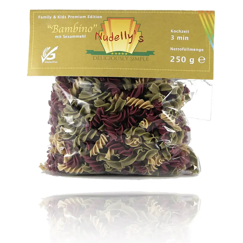 Nudelly's Bambino glutenfreie Pasta, Sesammehl, Eier-Nudeln mit Tapioka-Stärke als Fusilli, paleo, clean, sojafrei