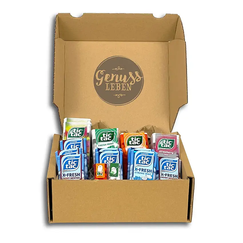 Genussleben Box mit 500g TicTac Mix Box mit verschiedenen Sorten Dragees für frischen Atem in Grosspackung