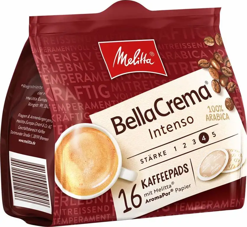 Melitta gemahlener Röstkaffee in Kaffeepads, 16 Pads, 100% Arabica, starkes Aroma, intensiver Geschmack, Stärke 4, BellaCrema Intenso