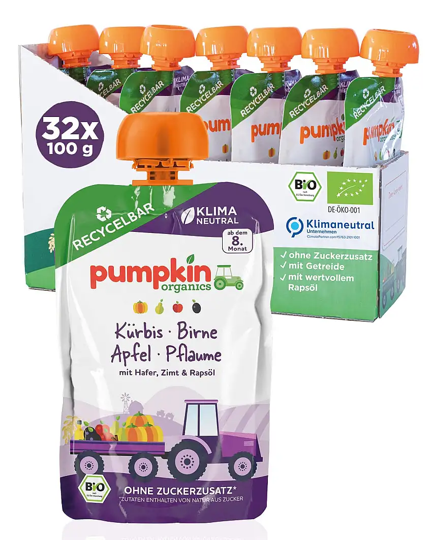 Bio Quetschie Kürbis, Birne, Apfel, Pflaume, Hafer, Zimt & Rapsöl - Gemüsepüree, Fruchtmus und Getreide für Babys ab dem 8. Monat. Recycelbarer Quetschbeutel, 32er Pack (32x100g)