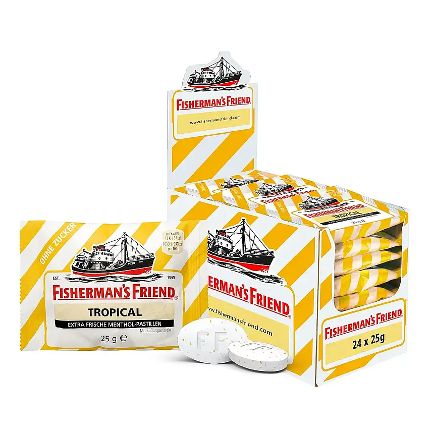 Fisherman’s Friend Tropical, 24er Vorratsbox, Exklusive Sorte: Ananas Melone und Guave Geschmack, zuckerfrei, für frischen Atem, 24 x 25g