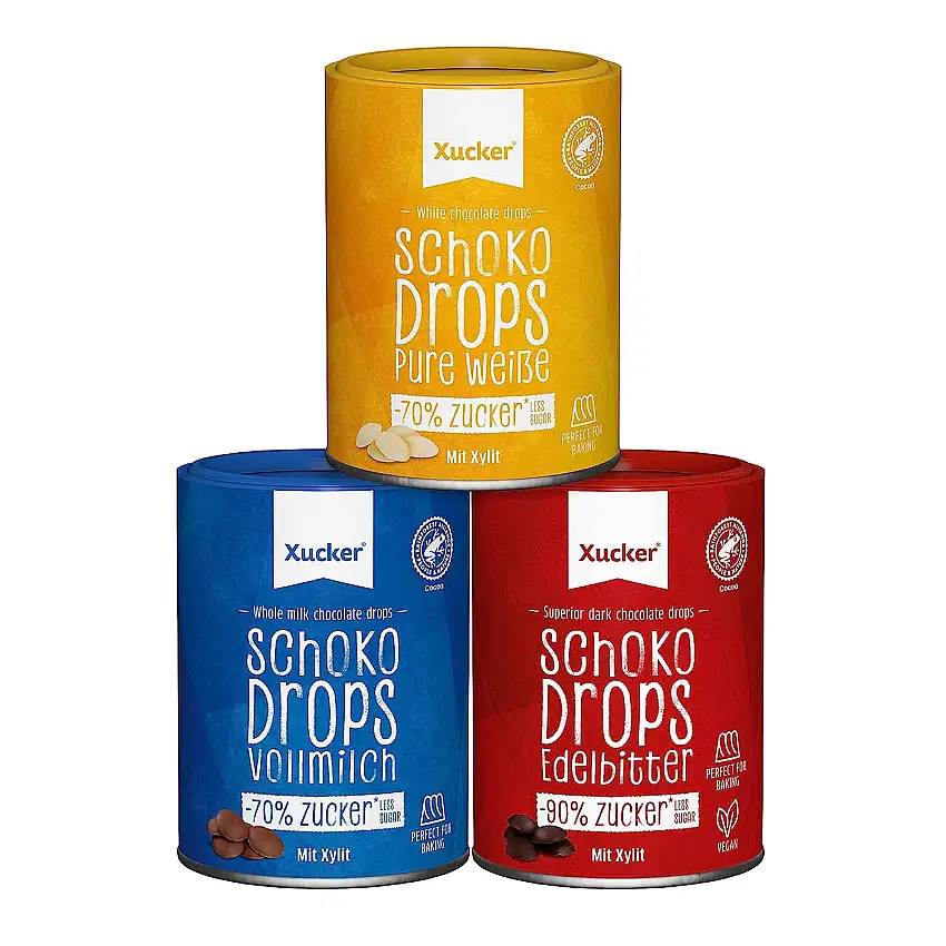 Xucker Schoko-Drops Schokolade mit Xylit - Zuckerreduzierte Schokolade mit Xylit Zuckerersatz I Chocolate Drops zum Backen (Vollmilch / weiße Schokolade / Edelbitter / 3 x 200g)