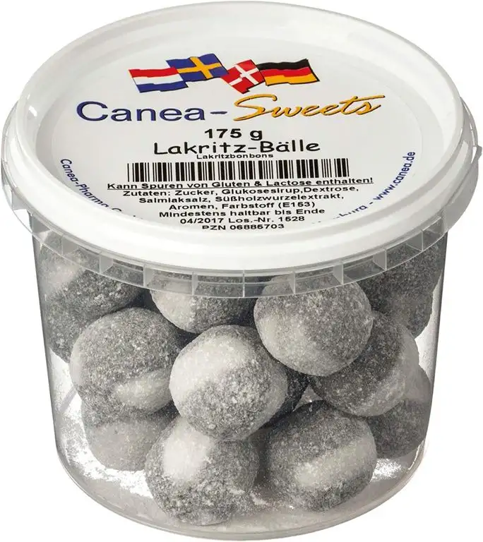 Canea-Sweets Gezuckerte Lakritzbonbons mit Pulverkern, CANEA Sweets Lakritz Bälle Dose, 1er Pack (1 x 175 g)