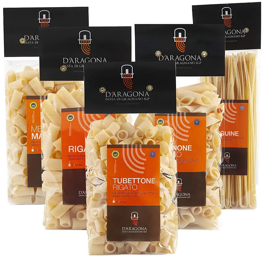 PASTA D'ARAGONA GRAGNANO IGP - PAKET POMPEI Gemischte Formate 5 x 500 GR. Italienische Exzellenz, Pasta Hartweizengrieß Bronze-Schublade (Rigatoni, Mezze Maniche, Tubettoni, Pennoni, Linguine)