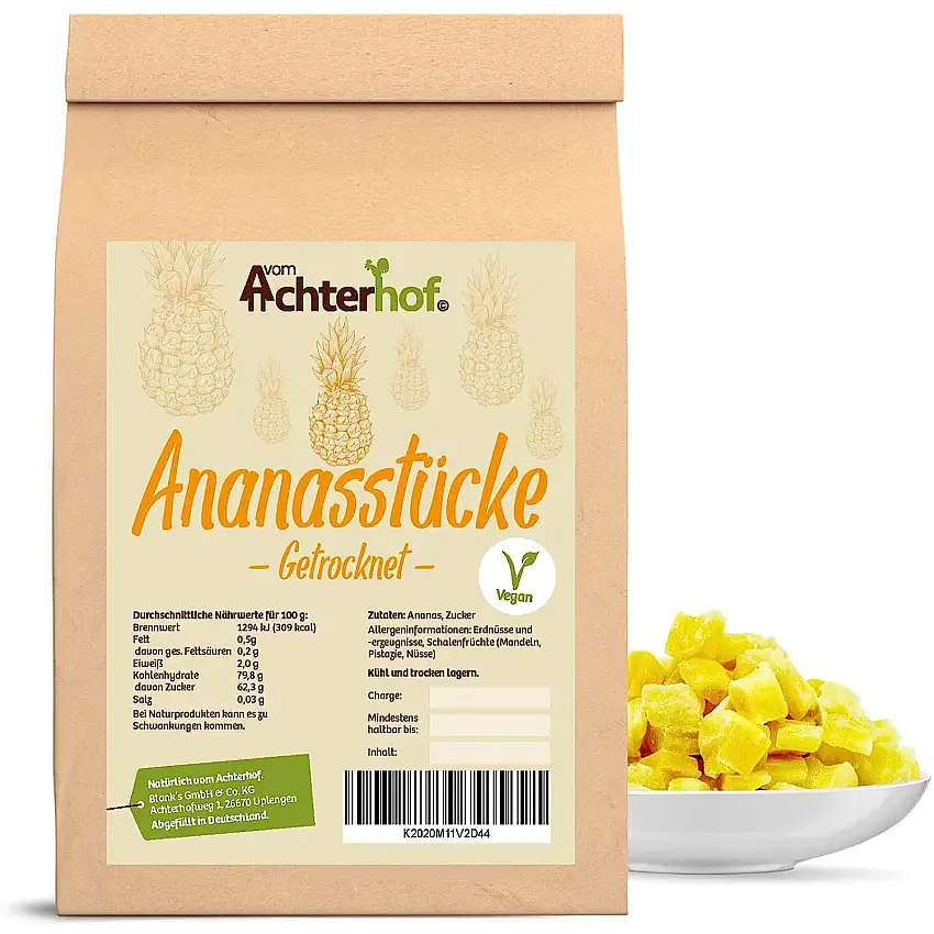 Ananasstücke getrocknet 500g | leicht gezuckerte Ananas-Stücke | unvergleichlich fruchtiges Aroma | schonend getrocknet | ideal für unterwegs, oder als Snack zwischendurch | vom Achterhof