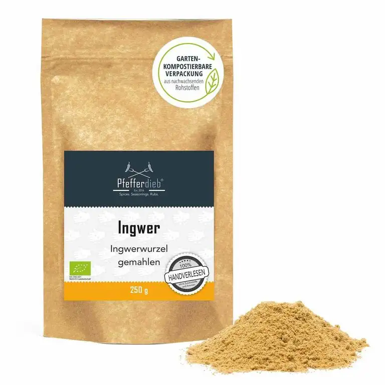 Ingwer, Ingwerwurzel gemahlen, Ingwerpulver, für Ingwertee oder zum Würzen, BIO, 250g - Pfefferdieb®