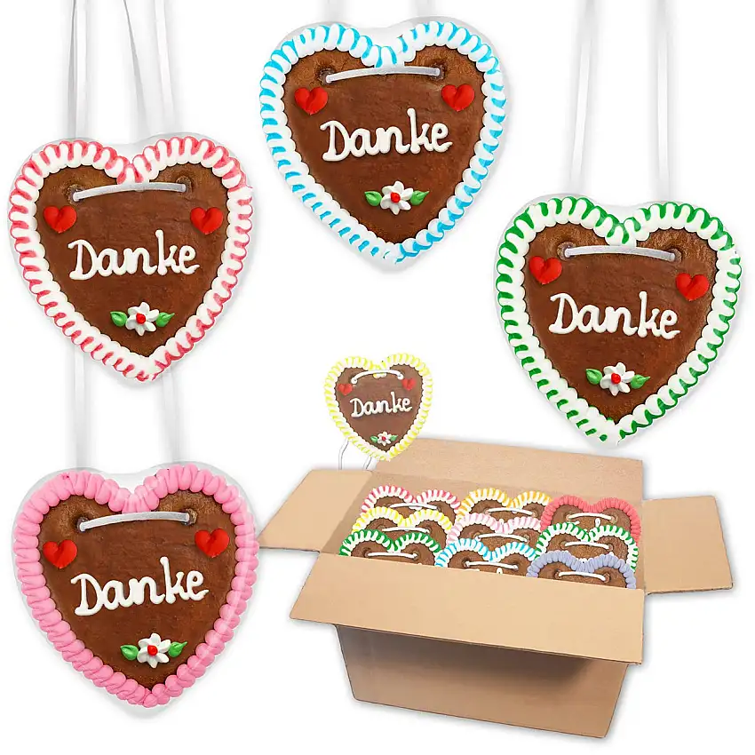 20 Stück Lebkuchenherzen Danke Sprüche mit zufälligen Randfarben 10cm groß, Backfrische Premium Qualität Oktoberfest Lebkuchen Herzen Lebkuchenwelt