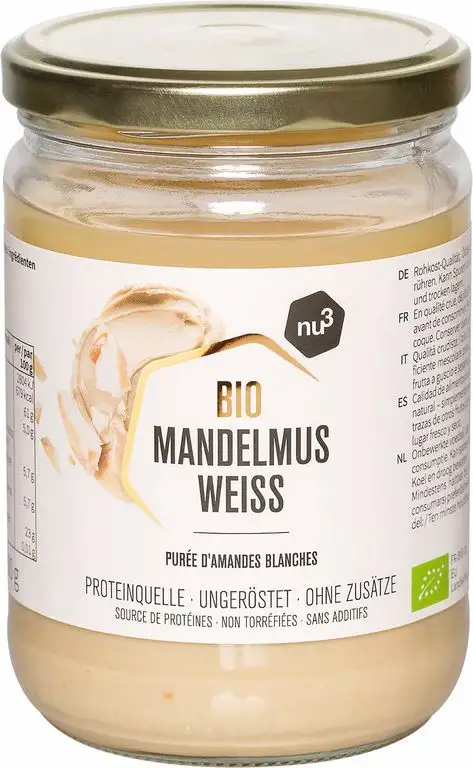 nu3 Bio Mandelmus Weiß - 500 g im Glas - aus 100% geschälten Mandeln - beste Rohkost Qualität aus Spanien - perfekt zum Backen in Cupcakes, Kuchen oder im Müsli - Vegan & ohne Zusatzstoffe
