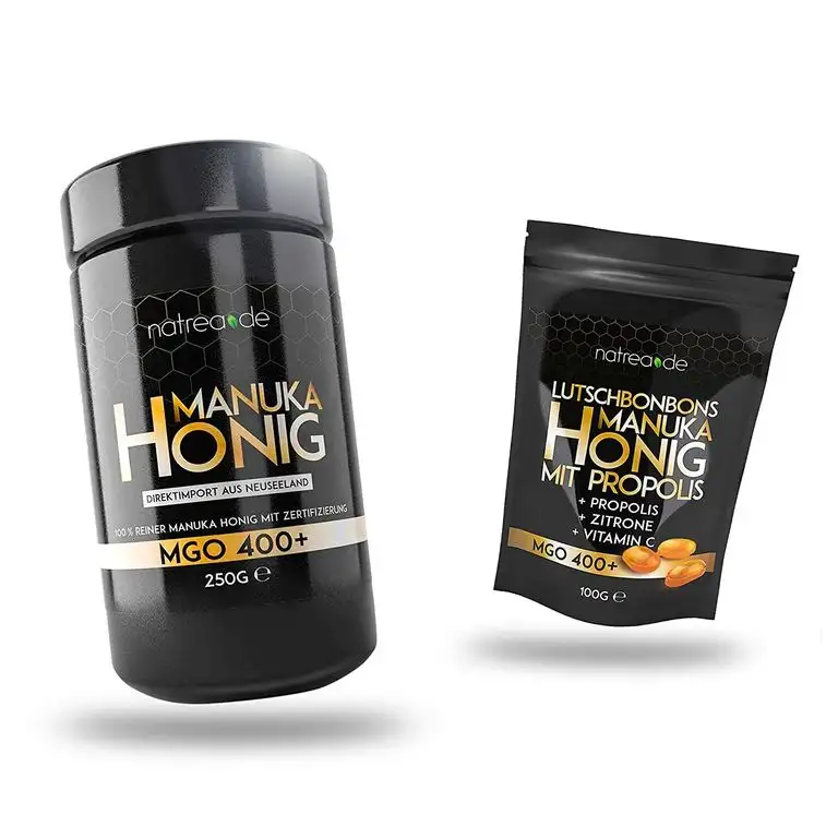Natrea Manuka Honig 400 MGO im lichtundurchlässigen Violettglas (250 g) + gratis Manuka Bonbons (100 g) | MGO 400+ ✅ Direktimport aus Neuseeland ✅ zertifizierter MGO-Gehalt ✅
