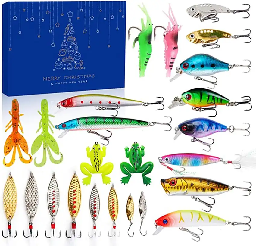 Zceplem Fischerkalender 2023, Weihnachts-Countdown-Adventskalender, Adventskalender Angelausrüstung, Fischköder-Weihnachtskalender für 24 Tage Countdown bis für Angelliebhaber