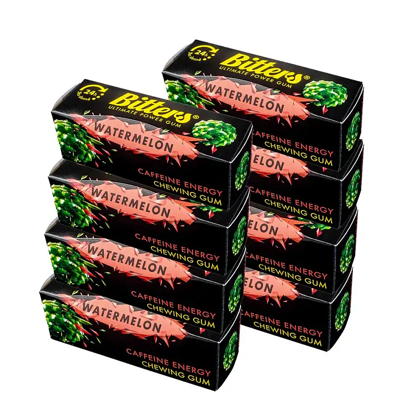 Bitters Energie Kaugummi mit Koffein und Taurin | 8 Packungen, 8 x 13,5 g | Energy Chewing Gum with Caffeine and Taurine, 8 Pack | Geschmack Melone