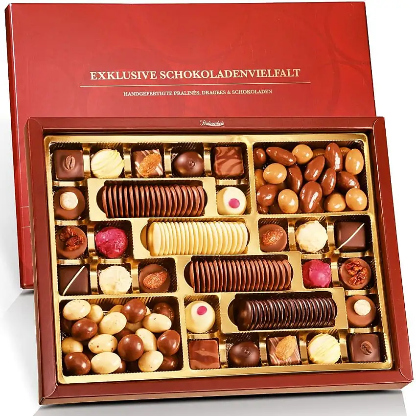 Pralinenbote - Exklusive Schokoladenvielfalt mit 24 handgefertigten Pralinen, 80 feinen Schokoladen und 235 g Schokoladen-Dragees in exklusiver Geschenkbox