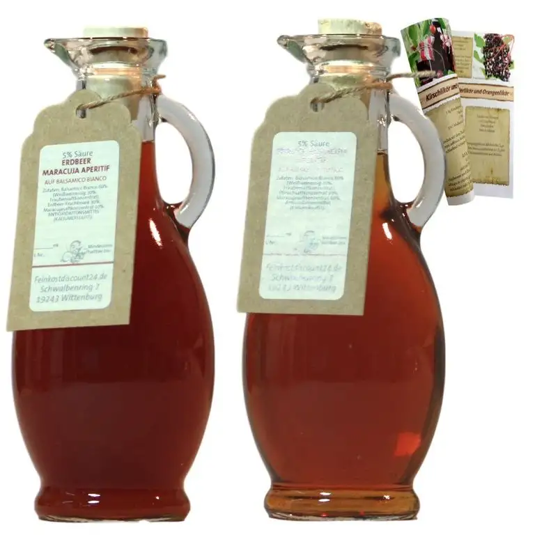 Essig Set | 2 x 250 ml | Pfirsich Maracuja Essig 5% Säure + Erdbeer Maracuja Aperitif auf Balsamico Bianco Essig | OBSTESSIG AROMATISIERT | 5% Säure | Spezialität | 500ml Egizia | mit Rezepbroschüre