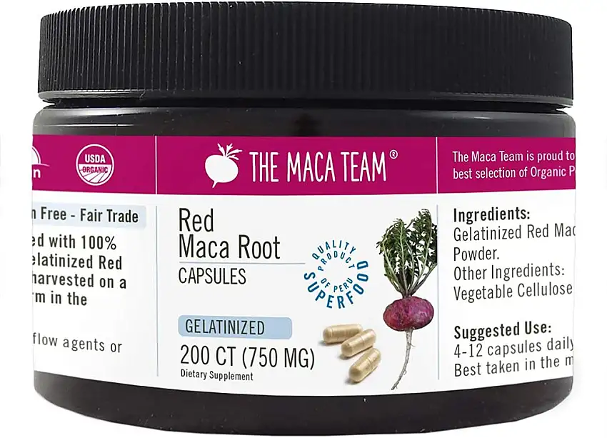 Gelatinierte rote Maca Wurzel Kapseln – 750 mg, 200 Ct – bio zertifiziert, frische Ernte aus Peru, Fair Trade, gentechnikfrei, glutenfrei, vegan