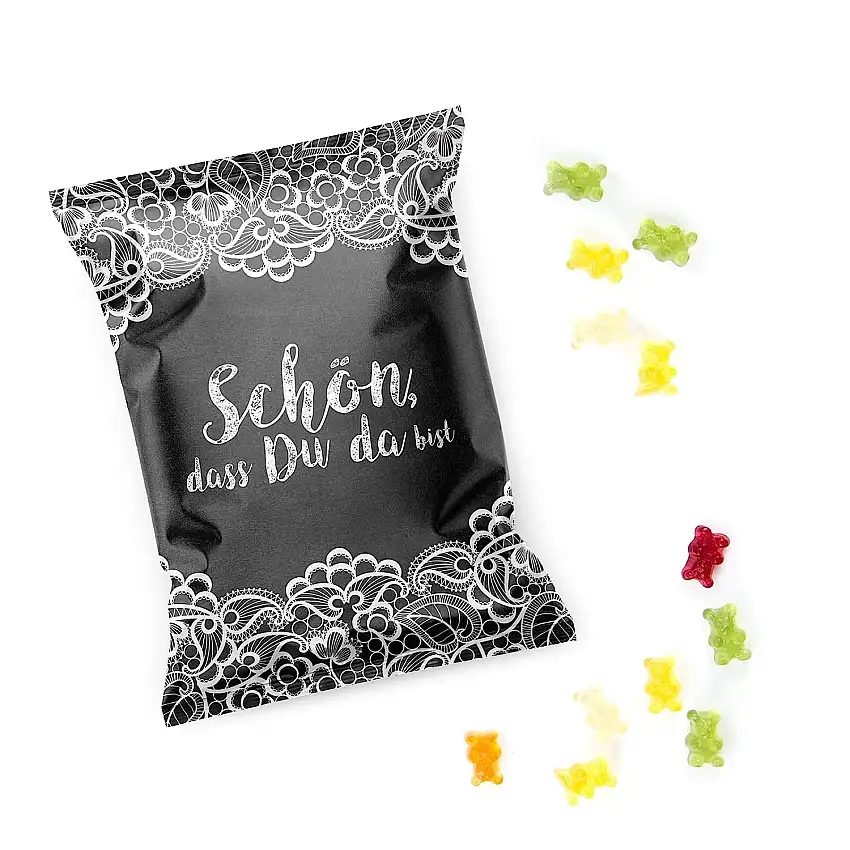 Logbuch-Verlag 25 Gummibärchen Päckchen schwarz weiß Schön, dass du da bist - kleines Gastgeschenk Süßigkeit Give-Away für Hochzeit & Geburtstag