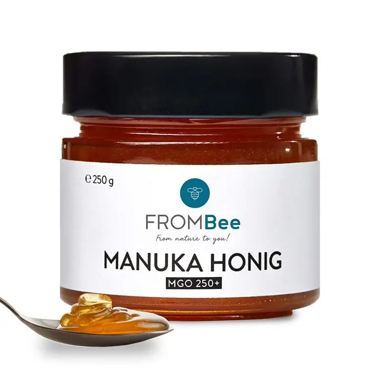Frombee Manuka Honig MGO 250+ – Manukahonig im Glas aus Neuseeland – 100 % natürlich und rein – schmeckt pur und kann zur äußeren Anwendung benutzt werden – 1 x 250 g