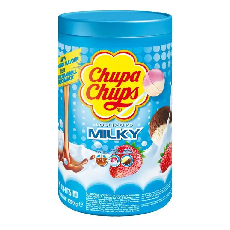 Chupa Chups Schlemmerlutscher-Dose, 100er Vorrat Lollis, 3 cremige Geschmacksrichtungen, Milky Lutscher