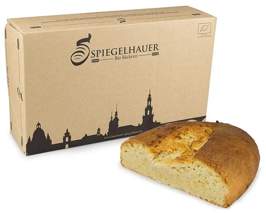 Bio Mandelstollen 0,9 kg aus Dinkelmehl - Christstollen ohne Rosinen weizenfrei und ungezuckert im Geschenkkarton