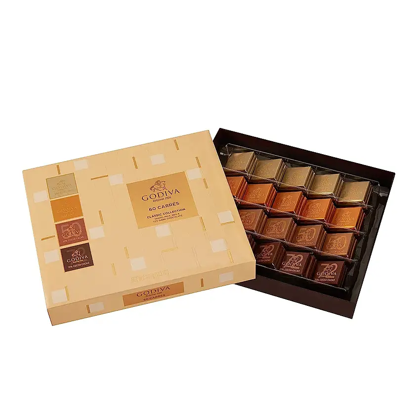 Godiva Carrés das komplette Sortiment 60 Stück-Cremigste schneeweiße Schokolade bis zur glänzendsten, dunklen Schokolade-310gr