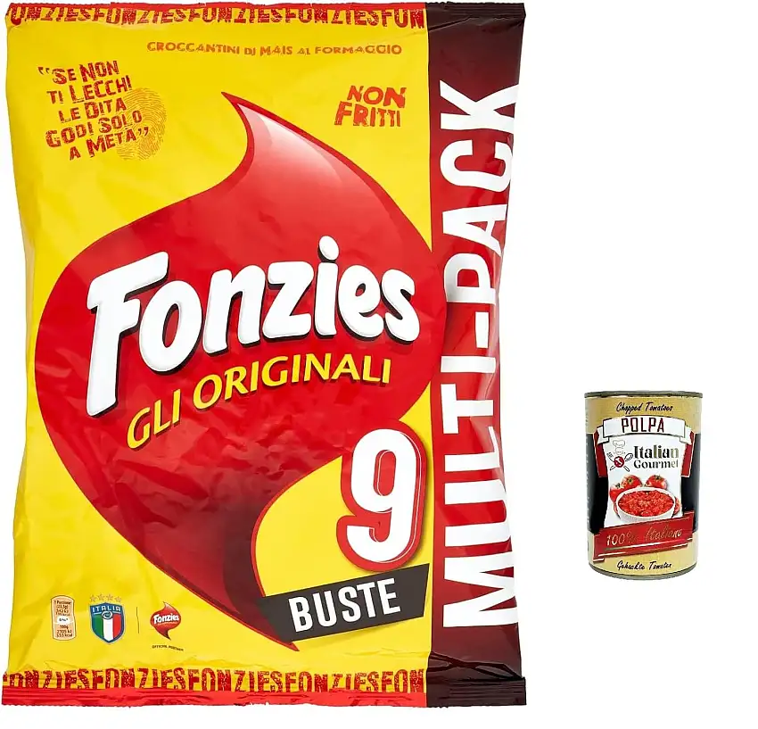 12x Fonzies Fonzies Der originale knusprige Mais snack mit Käse Multipack – 9 Beutel , 212 g + Italian gourmet polpa 400g