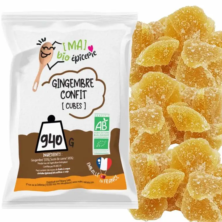 Les Papoteuses | Bio kandierter Ingwer in Würfeln 940g | Bio-zertifiziert | Fairer Handel | 100% natürlich | Hochwertige kandierte Früchte | Ohne Konservierungsmittel