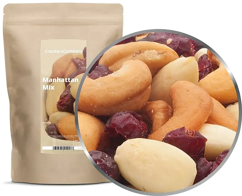 1 x 550g Nussmischung Manhattan Snack mit Cashew Mandel Cranberry leicht gesalzen zuckerfrei salzfrei vegetarisch vegan glutenfrei laktosefrei 100 % Premium
