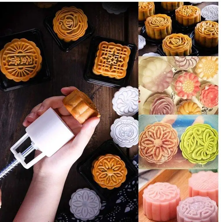 Oulensy 1 Barrel + 10 Briefmarken Set Handdruck-Fondant Moon 3D Blumen Mooncake MoldCake Mold DIY Backzubehör Kuchen Cutter Mold
