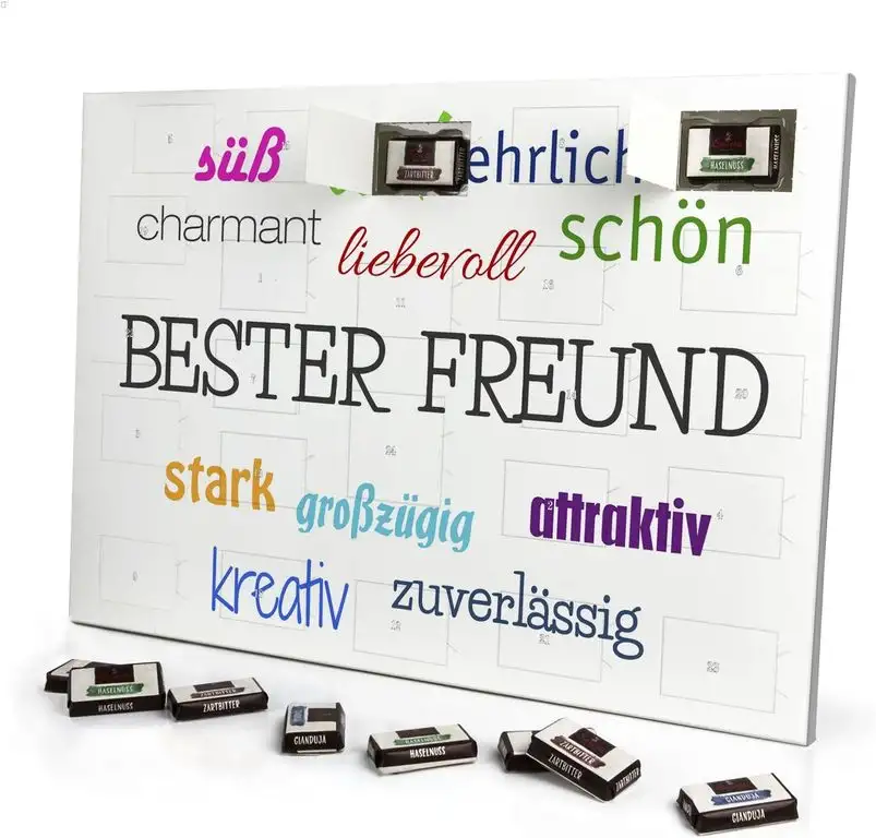 printplanet - Adventskalender mit Namen Bester Freund - gefüllt mit Schokoladen-Füllung - personalisiert mit Namens-Motiv Positive Eigenschaften - Schoko-Kalender, Weihnachtskalender, Namenskalender