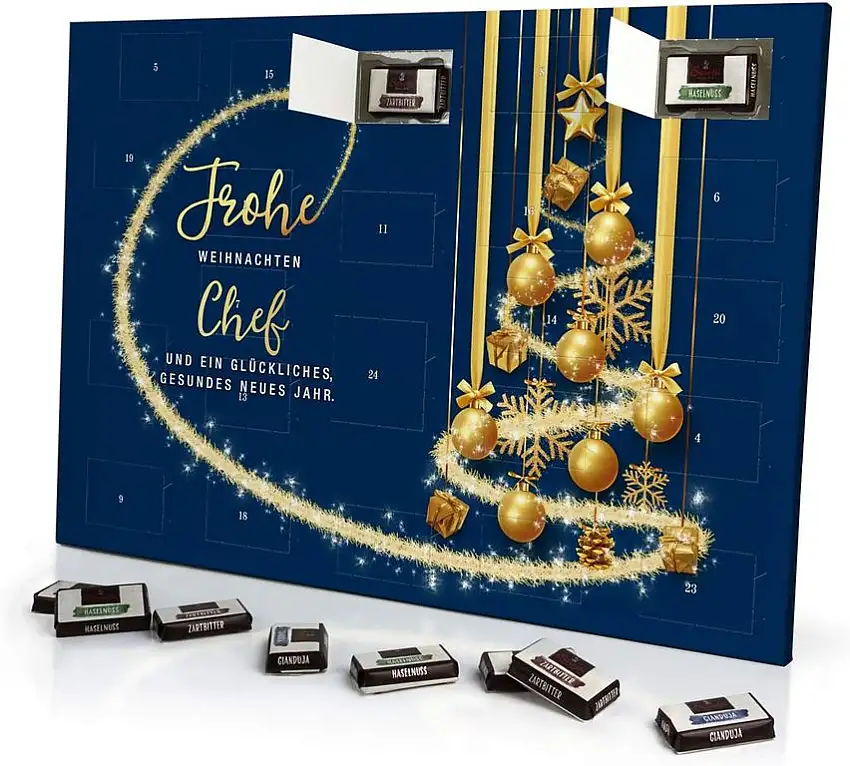 printplanet Adventskalender mit Namen Chef - gefüllt mit Schokoladen-Füllung - personalisiert mit Namens-Motiv Frohe Weihnachten - Blau - Schoko-Kalender, Weihnachtskalender, Namenskalender