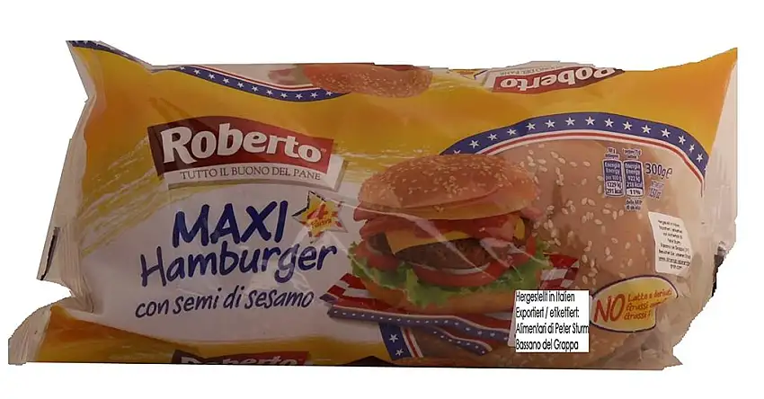 Roberto Maxi Hamburger con semi di sesamo 4 x 4 x 75g = 1200g e Weizenbrötchen mit Palmöl und Sesamsamen.